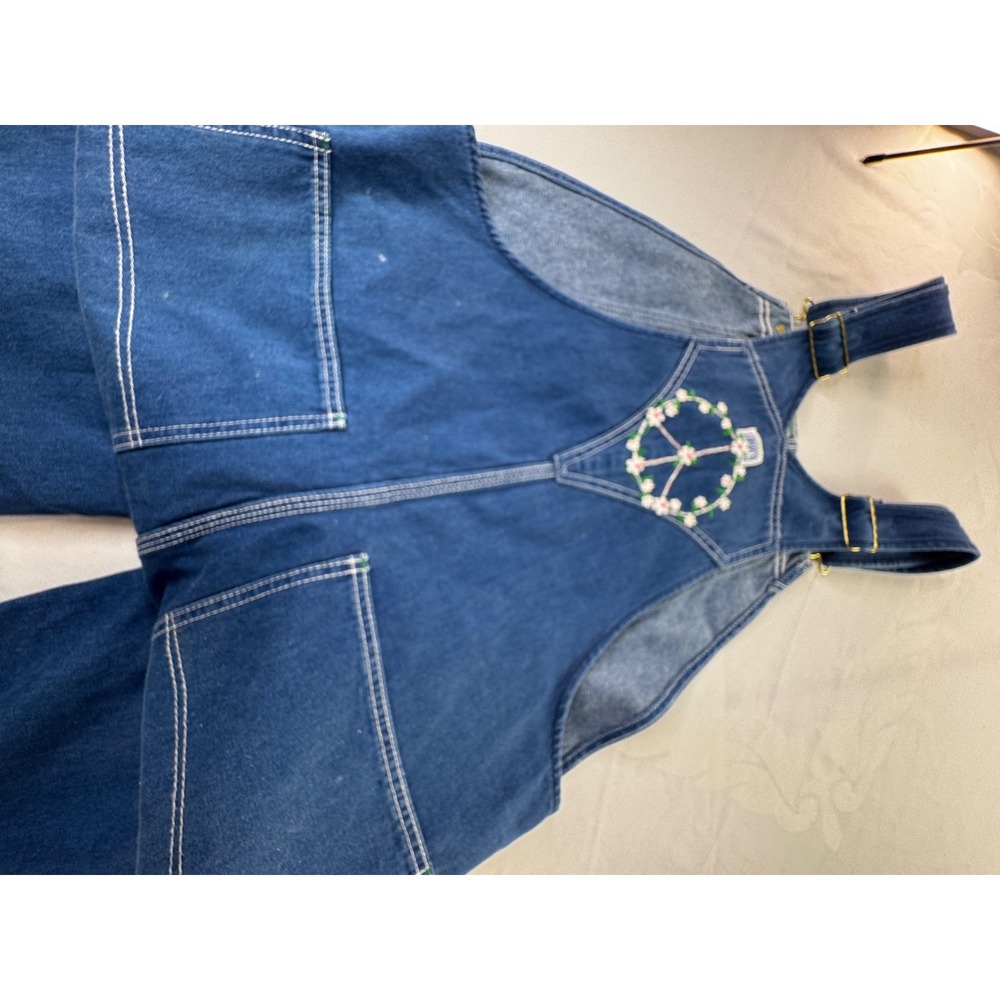 Liberty Overalls Vintage Denim Floral Embroidery Lace Trim Carpenter Blue L/XL - Picture 14 of 16